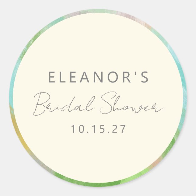Colorful Abstract Watercolor Bridal Shower Custom Classic Round Sticker (Front)
