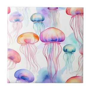 Colorful abstract watercolor jellyfish ceramic tile