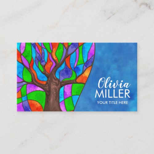 Colorful Abstract Watercolor Mosaic Tree Business Card
