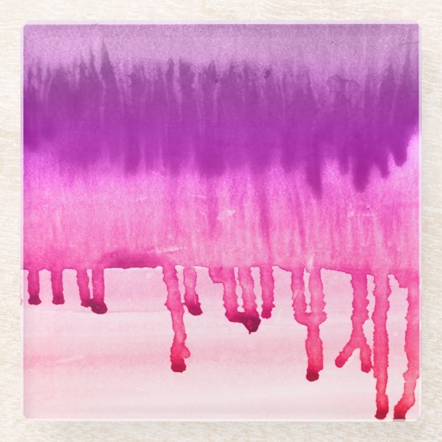 Colorful Abstract Watercolor Pink Magenta Design Glass Coaster (Front)