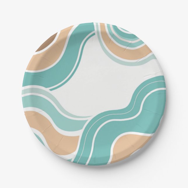 Colorful abstract wavy blue orange brown paper plates (Front)