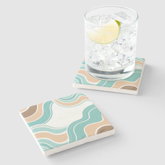 Colorful abstract wavy blue orange brown stone coaster (Side)