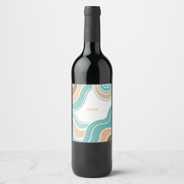 Colorful abstract wavy blue orange brown wine label (Front)