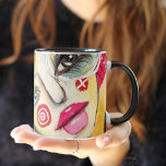 Colorful Abstract Whimsical Face Quirky Artistic   Mug<br><div class="desc">This design features an artistic crop of my colorful mixed media original art piece of a quirky, whimsical girl with bright pink hair on a colorful abstract background of dusty blue and tangerine orange with pink, yellow, and green half circle shapes and black and white stripes and an assortment of...</div>