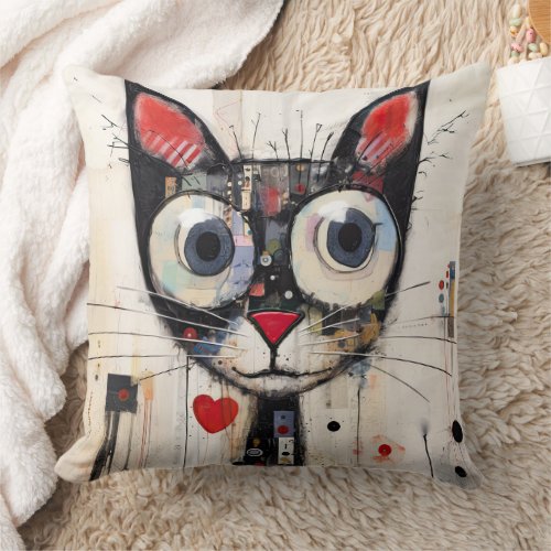 Colorful Abstract Wide Eyed Cat Throw Pillow
