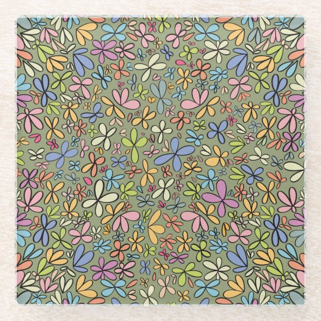 Colorful Abstract Wildflower Garden Glass Coaster (Front)