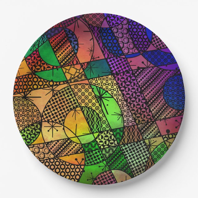Colorful Abstract with Textures & Patterns Paper Plates (Front)
