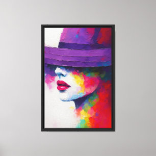 Colorful Abstract Woman Face with Purple Hat Canvas Print