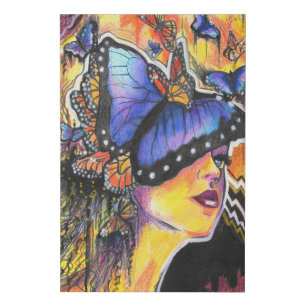 Colorful Abstract Woman with Blue Butterflies Faux Canvas Print