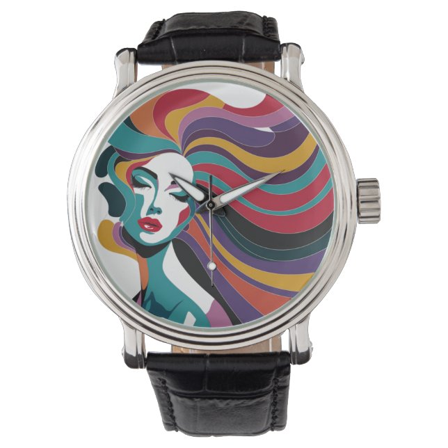 Colorful Abstract Woman with Flowing Hair Art Watch (Front)