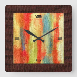 Colorful Abstract Wood Grain Modern Burlap Border Square Wall Clock