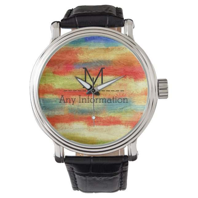 Colorful Abstract Wood Grain Monogram Watch (Front)