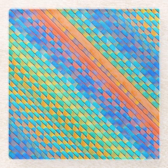 Colorful Abstract Woven Digital Pattern Glass Coaster (Front)