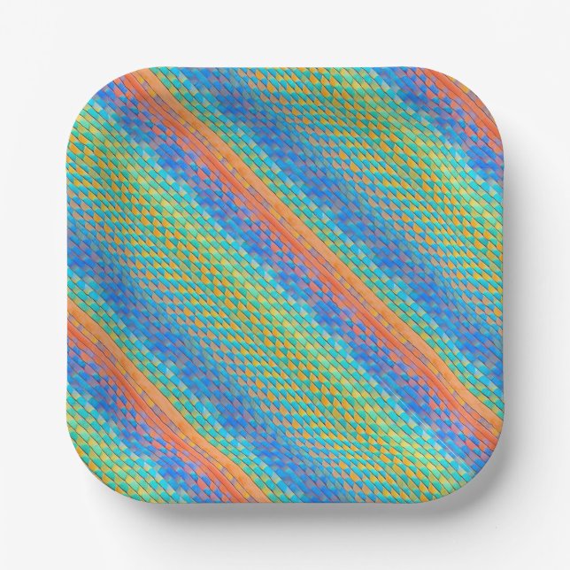 Colorful Abstract Woven Digital Pattern Paper Plates (Front)