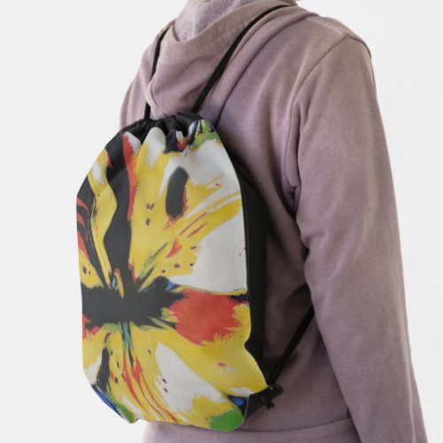 colorful abstract yellow and black contempory  drawstring bag