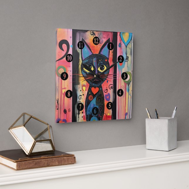  Colorful Abstract Yellow Eyed Cat Square Wall Clock (Office)
