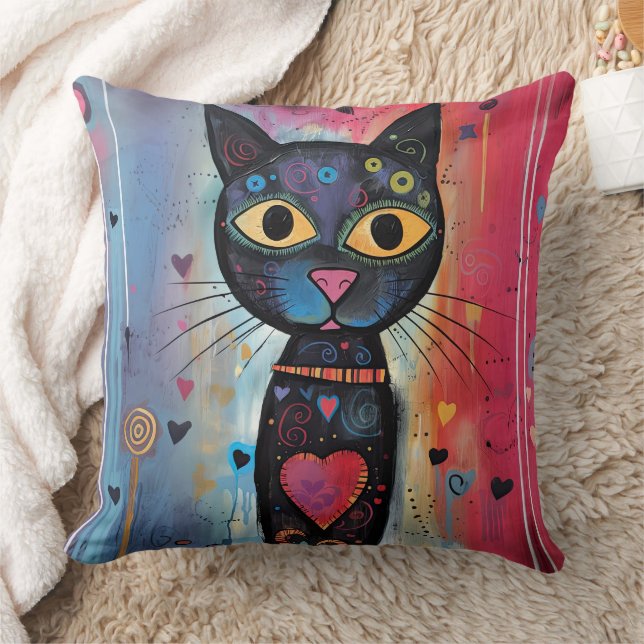Colorful Abstract Yellow Eyed Cat Throw Pillow (Blanket)