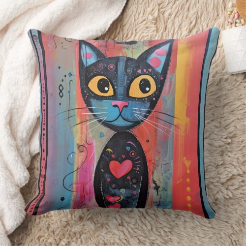  Colorful Abstract Yellow Eyed Cat Throw Pillow