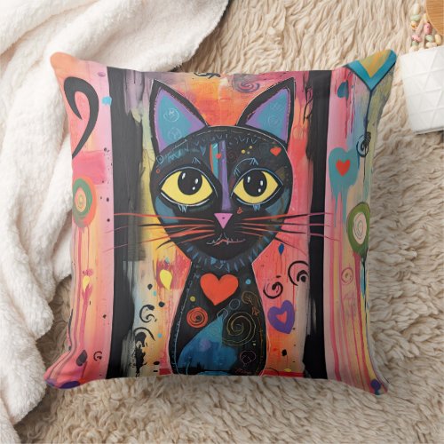  Colorful Abstract Yellow Eyed Cat Throw Pillow