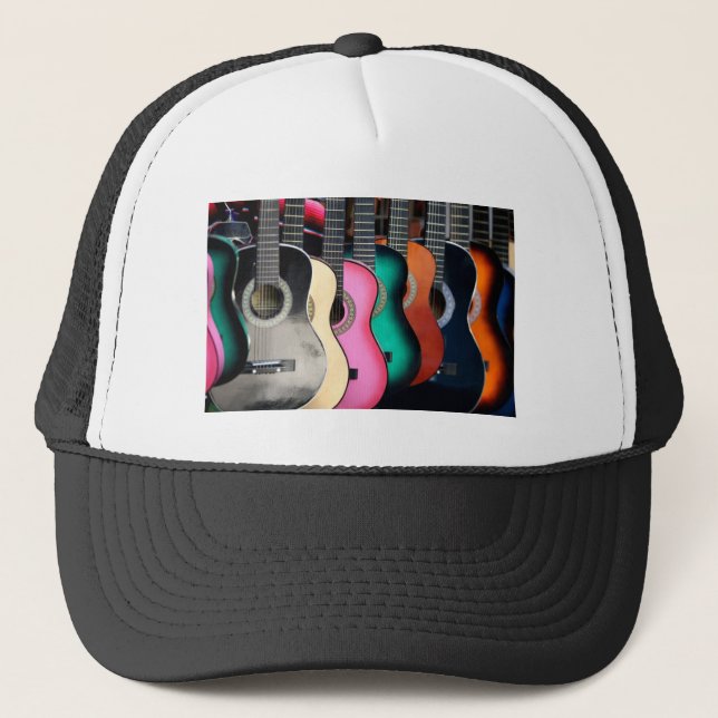 Colorful Acoustic Guitars Baseball Trucker Hat (Front)