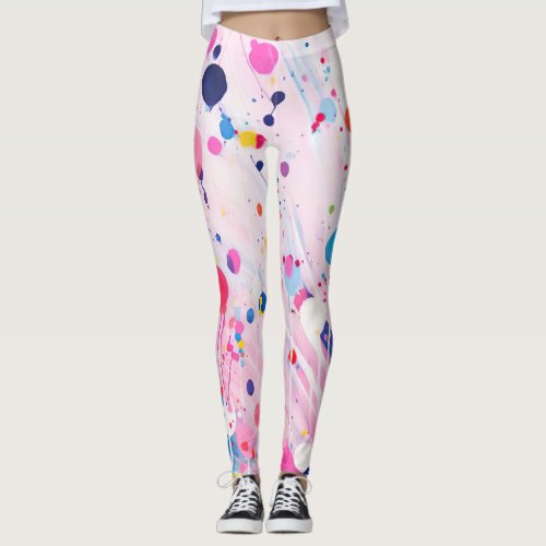 colorful acryl painting dots on light pink ground leggings