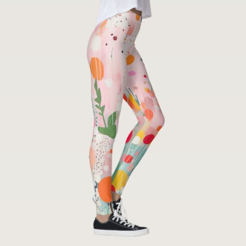 colorful acryl painting dots on soft pink ground leggings