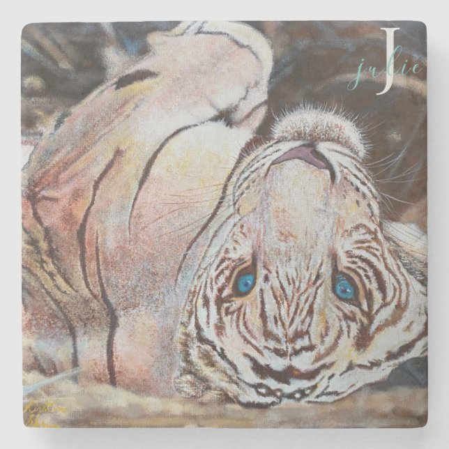 Colorful Acrylic White Tiger Monogram Stone Coaster (Front)