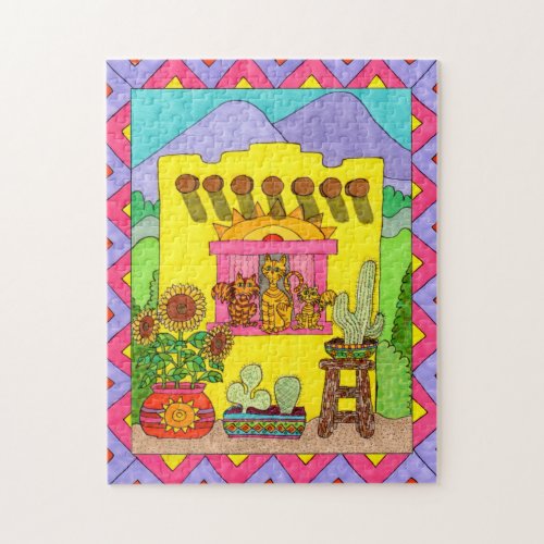 Colorful Adobe House Cute Cats Mexican Folk Art Jigsaw Puzzle