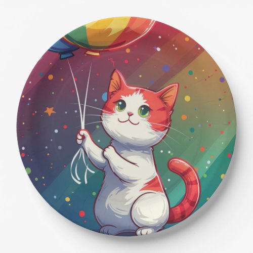 Colorful Adorable Cat with Balloons Paper Plate
