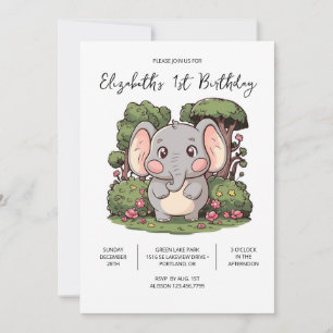 Colorful Adorable Elephant 1st Birthday Digital Invitation