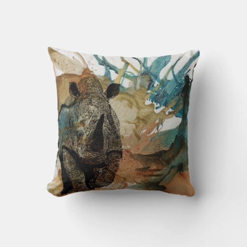 Colorful African animal cushion charging Rhino Throw Pillow