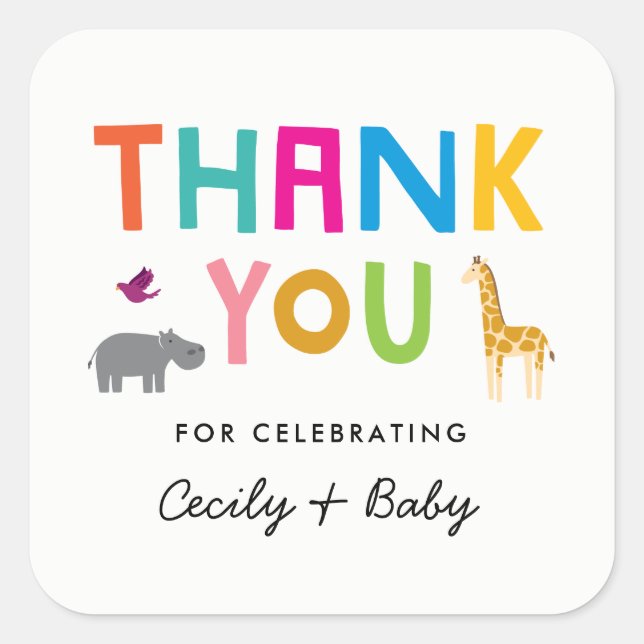 Colorful African Animals Thank You Square Sticker (Front)