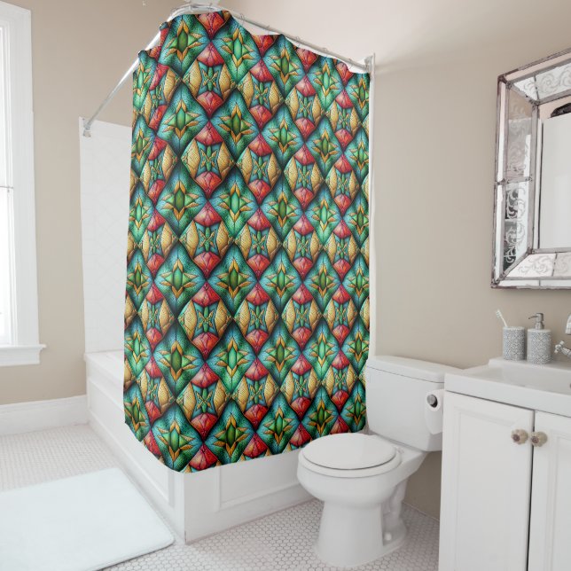 Colorful African-Inspired Geometric Mosaic Pattern Shower Curtain (In Situ)