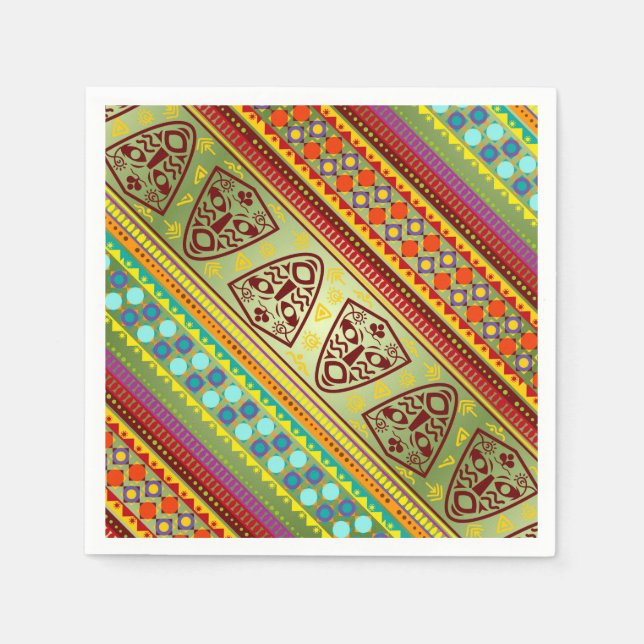 Colorful African Masks Stripe Kente Pattern Paper Napkins (Front)