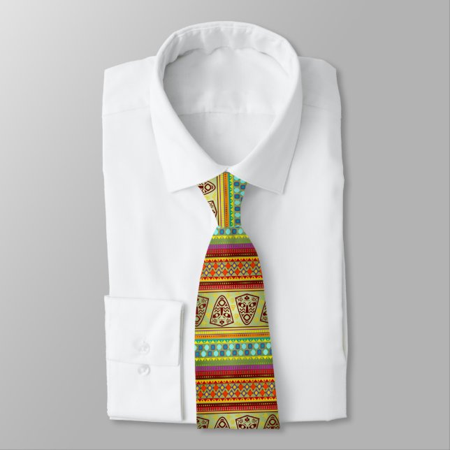 Colorful African Masks Stripe Kente Pattern Tie (Tied)