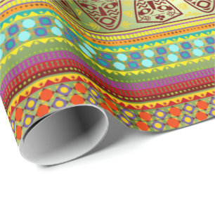 Colorful African Masks Stripe Kente Pattern Wrapping Paper