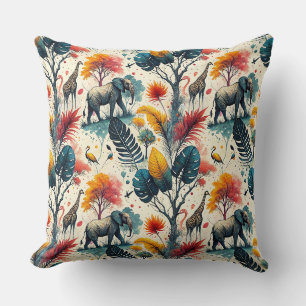 Colorful African Safari Jungle Wild Animal Pattern Throw Pillow