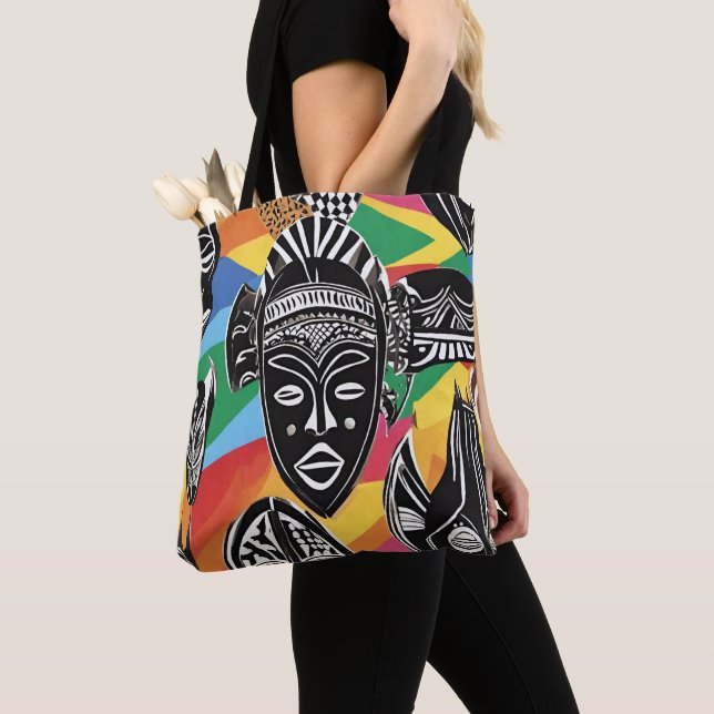 Colorful African Tribal Masks Tote (Close Up)