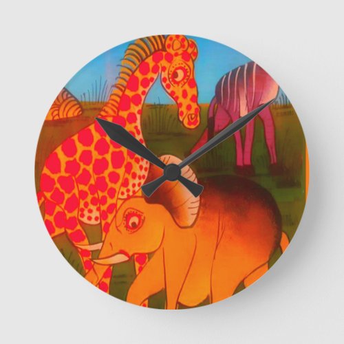 Colorful  African wild animal safari colors Round Clock