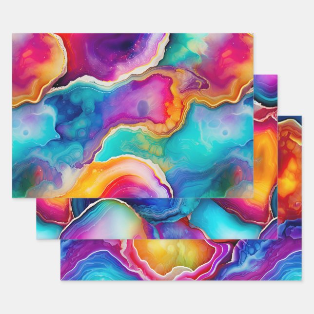 Colorful Agate Abstract with Swirling Layers Wrapping Paper Sheets (Set)
