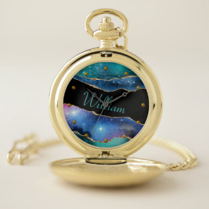 Colorful Agate and Gold Layered Monogrammed Pocket Watch