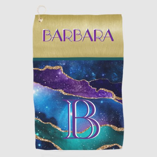 Colorful Agate Gold Monogram Name Golf Towel