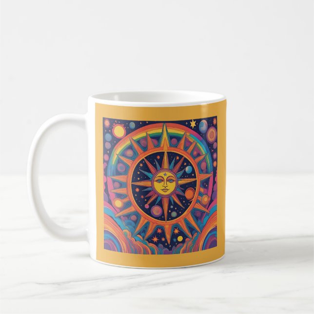 Colorful AI Celestial Sun and Planets Coffee Mug (Left)
