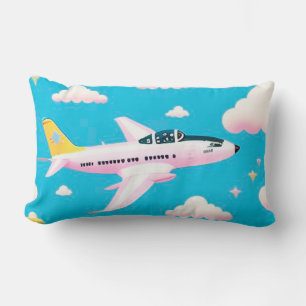 Colorful Airplane Flying Among Cartoon Clouds Lumbar Pillow