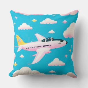 Colorful Airplane Flying Among Cartoon Clouds Throw Pillow