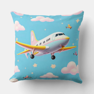 Colorful Airplane Flying Among Cartoon Clouds Throw Pillow