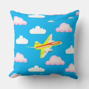 Colorful Airplane Flying Among Cartoon Clouds Throw Pillow