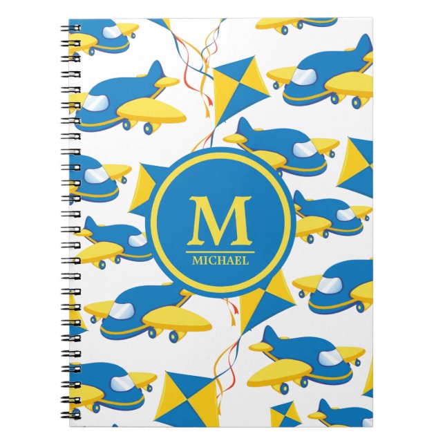 Colorful Airplanes and Kites Kids Pattern Monogram Notebook (Front)