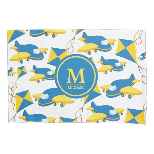 Colorful Airplanes and Kites Kids Pattern Monogram Pillow Case