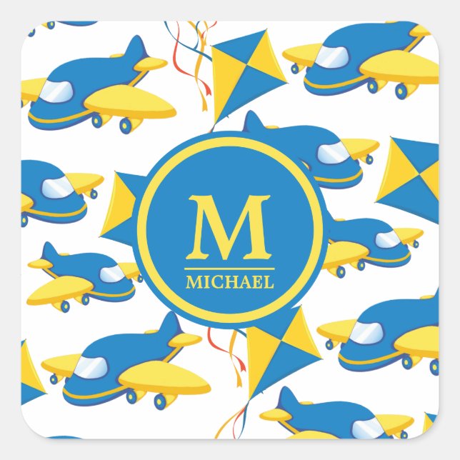 Colorful Airplanes and Kites Kids Pattern Monogram Square Sticker (Front)